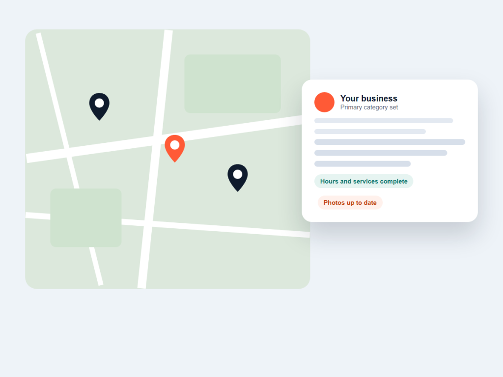 Illustration of a Google Business Profile listing beside a map with several pins